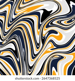 Um fundo abstrato vibrante e dinâmico com um padrão fluido e marmoreado. Linhas onduladas e fluindo em negrito amarelo mostarda, azul marinho profundo, preto e espiral branco nítido juntos.