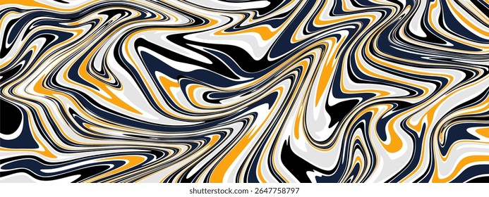 A vibrant and dynamic abstract background featuring a fluid, liquid marble effect. Wavy, distorted stripes of black, white, orange yellow, and a very dark navy blue.