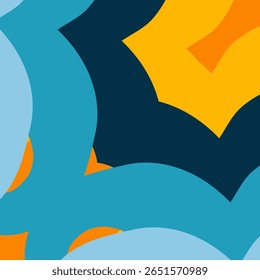 Um plano de fundo abstrato dinâmico e vibrante com uma paleta de cores arrojadas de azuis, amarelo e laranja. A composição usa curvas geométricas e formas grandes sobrepostas.