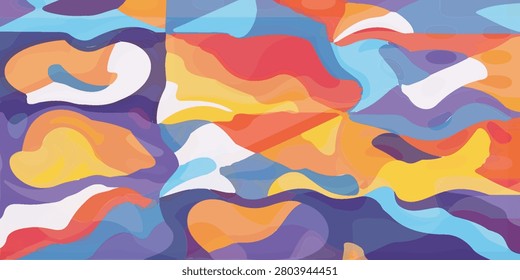 A vibrant and dynamic abstract background featuring a mosaic of fluid, organic shapes and wavy lines in a rich palette of blues, oranges, yellows, and purples, creating a sense of movement and artistic flow.
