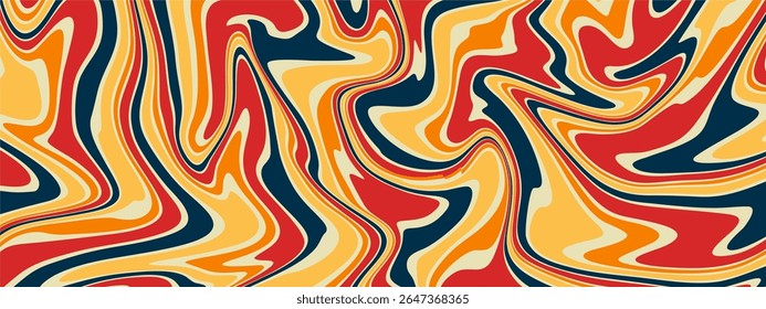 A vibrant and dynamic abstract background with a liquid marble effect. The design features a psychedelic swirl of colors, including bold red, warm orange, sunny yellow, deep navy blue, and cream.