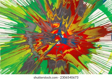 Vibrant and dynamic abstract painting poster inspired by Pollocks style. Colorful splatters and spinning blots create messy artistic composition. Expressionism liquid spot. Vector illustration.