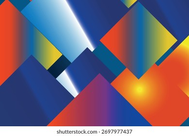 Padrão abstrato dinâmico e vibrante composto de quadrados e triângulos sobrepostos em gradientes em negrito de azul, vermelho, laranja e amarelo. Cria uma sensação de profundidade, movimento e energia moderna