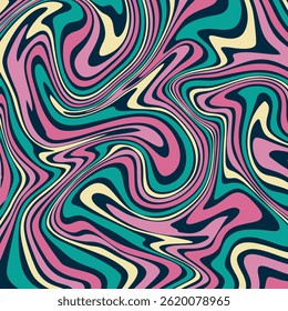 a vibrant and dynamic abstract pattern featuring distorted, flowing swirls. The color palette combines deep blue, bright pink, teal, and pale yellow