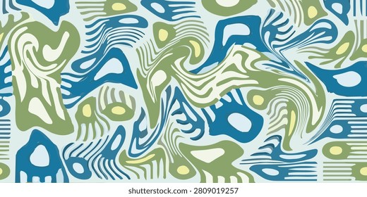 A vibrant and dynamic abstract pattern featuring a fluid interplay of swirling organic shapes in shades of blue, green, and white, creating a mesmerizing visual flow.