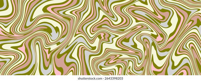 A vibrant and dynamic abstract pattern resembling liquid swirls or marble. A palette of earthy and soft tones is dominant olive green, light pastel pink, and subtle hints of light grey.