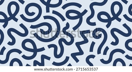 A vibrant and dynamic abstract seamless pattern featuring an array of hand-drawn squiggles, curves, and lines in a dark blue hue against a light blue background, creating a lively and energetic desig.