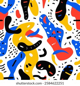 Vibrant dynamic and artistic seamless pattern. Abstract shapes in bold palette, visually engaging modern vector illustration. Contemporary art colors and playful composition energy and excitement