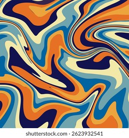 a vibrant and dynamic assortment of swirling, organic shapes. The color palette is a retro inspired combination of bold oranges, deep blues, lighter blues, and a creamy off white