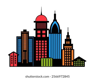 Vibrant and dynamic cityscape featuring stylized buildings of varying heights and architectural designs, creating a modern urban landscape