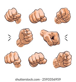 A vibrant and dynamic collection of clenched fist illustrations in punching poses, designed in full color.