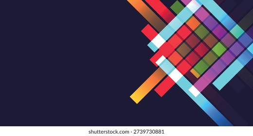 A vibrant and dynamic composition of overlapping colored lines creating a modern geometric pattern against a deep, solid background.