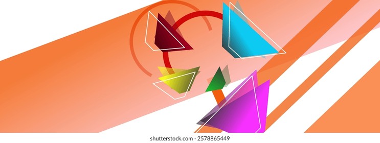 A vibrant and dynamic composition of triangles in various colors and sizes, creating a sense of depth and movement. The triangles appear to be floating in space, adding a touch of whimsy.

