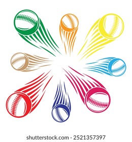 Design dinâmico e vibrante com oito bolas de críquete em um padrão radial, cada uma com uma trilha de cores exclusiva.