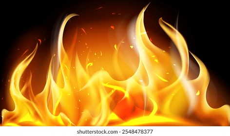 A vibrant and dynamic illustration of flames in shades of orange, yellow, and red, set against a black background. The flames have a fluid and energetic appearance, with sparks and glowing embers.