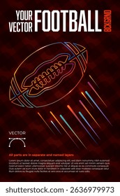 Vibrant and dynamic illustration of neon American Football ball, set against abstract dark red background, perfect for sports-related themes or graphic design projects. Vector illustration.