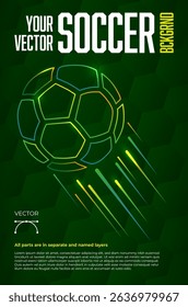 Vibrant and dynamic illustration of neon soccer ball, set against abstract green background, perfect for sports-related themes or graphic design projects. Vector illustration.