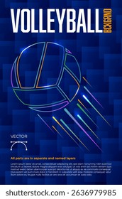 Vibrant and dynamic illustration of neon Volleyball ball, set against abstract blue background, perfect for sports-related themes or graphic design projects. Vector illustration.