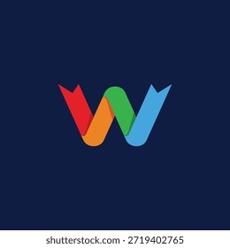 Design de logotipo de letra W vibrante e dinâmico com fitas coloridas entrelaçadas, criando uma marca inicial moderna e abstrata em um fundo azul escuro, simbolizando conexão e fluxo