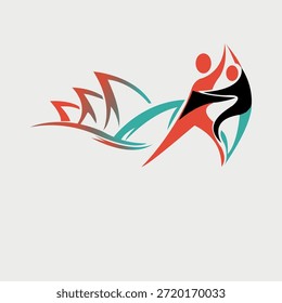Un diseño de logotipo vibrante y dinámico perfecto para un estudio de baile o evento cultural. La obra de arte combina siluetas estilizadas de una pareja de bailarines de salsa con Formas abstractas inspiradas en la icónica Ópera de Sydney. El uso de colores rojo, verde azulado y negro crea una sensación contemporánea de alta energía. Ideal para branding, Materiales promocionales o redes sociales para academias de baile, festivales de música de Latina o centros de artes escénicas.
