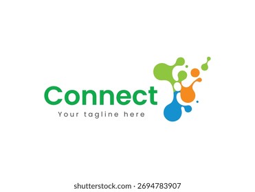 Um logotipo vibrante e dinâmico com a palavra 'Connect' em verde, acompanhado de imagens abstratas e coloridas simbolizando conexão, crescimento e criatividade.