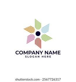 vibrant and dynamic logo with flower , striped petals radiating outward from a central point. It symbolizes growth, energy, and unity, for businesses in  education, healthcare, and community
