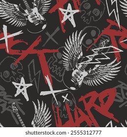 A vibrant and dynamic pattern filled with electric guitars wings and edgy graphics. This striking design combines music elements with a rebellious attitude for a unique visual impact.