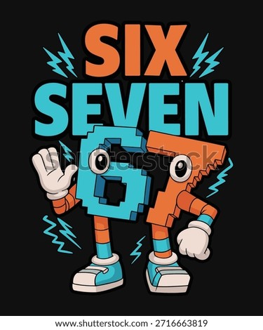 A vibrant and dynamic pixel art illustration featuring a robot character composed of the numbers six and seven. Perfect for gaming, digital art, and graphic design projects.