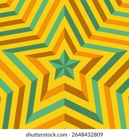 Padrão de estrela retro vibrante e dinâmico com uma ousada ilusão óptica 3D. Consiste de estrelas geométricas concêntricas em uma paleta de cores clássica dos anos 70 de amarelo, laranja e azul-petróleo.