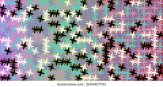 padrão contínuo dinâmico e vibrante de asteriscos dispersos ou flores estilizadas em uma mistura viva de roxo, azul-petróleo e preto.