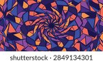 Vibrant dynamic spiral vortex abstract background with colorful geometric low poly triangles in purple, blue, orange, and yellow