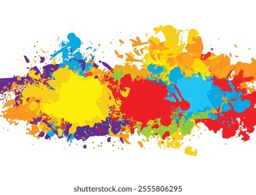 A vibrant and dynamic splash of colors featuring red, orange, yellow, green, blue, and purple tones, blending into a seamless gradient on a white background. This abstract design embodies background.