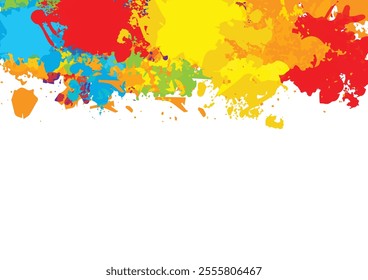 A vibrant and dynamic splash of colors featuring red, orange, yellow, green, blue, and purple tones, blending into a seamless gradient on a white background. This abstract design embodies background.