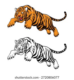Uma ilustração vetorial vibrante e dinâmica de um tigre corajoso usando uma paleta de cores brilhantes para destacar suas características poderosas e expressão intensa.