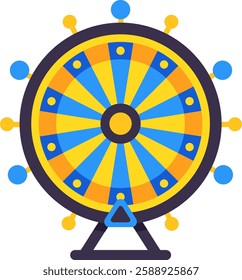 Vibrant and dynamic wheel of fortune is depicted, featuring alternating blue and yellow segments, symbolizing chance and the excitement of gambling and entertainment