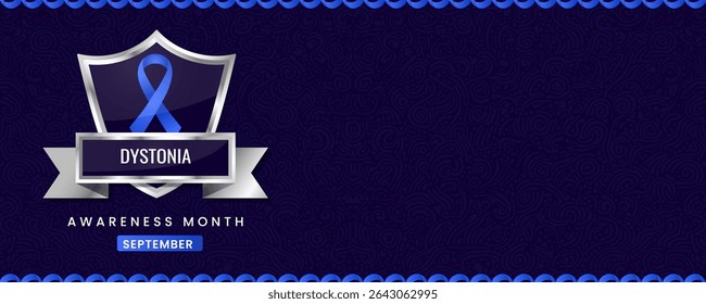 Vibrant Dystonia Awareness Month Banner Featuring a Blue Ribbon on a Stylish Shield with Ornate Swirl Background, Ideal for September Health Campaigns.