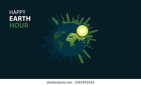 A vibrant Earth Hour design featuring the Earth surrounded by energy symbols like wind turbines and buildings, with the sun shining brightly.