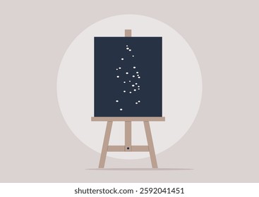 A vibrant easel displays a canvas painted with swirling white dots against a deep blue background, embodying creativity in a peaceful, inspiring studio