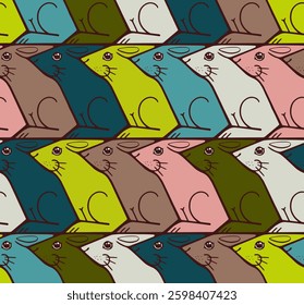 Vibrant Easter bunny tessellation pattern with dark brown outlines and bright colors – pink, green, lime, beige, and blue