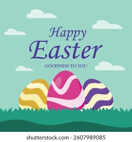 A vibrant Easter card design featuring a cute bunny and colorful Easter eggs on a grassy field. Perfect for greetings, digital cards, and social media posts to celebrate the joyful spirit of Easter