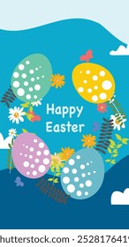 A vibrant Easter card featuring decorated eggs with patterns, surrounded by flowers and butterflies, conveying festive and cheerful moods in a modern design.