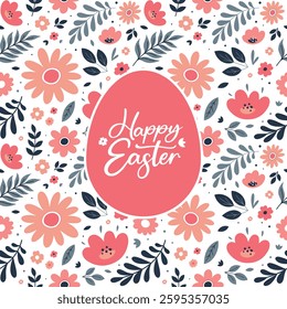 A vibrant Easter card featuring a pink egg with "Happy Easter" text, surrounded by a colorful floral pattern. Perfect for spring celebrations, holiday greetings, and festive decorations.