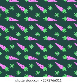 Vibrant easter carrot and floral pattern for holiday design.