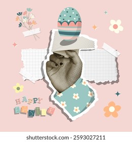 A vibrant Easter collage featuring decorative eggs and hands engaged in festive activities, perfect for holiday-themed designs.