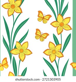 Vibrant Easter narcisos e borboletas padrão de azulejos sem emenda com cores vivas primavera conceito como cores vivas primavera realçam vibrantes narcisos de Páscoa e borboletas em padrão de azulejos sem emenda no Photo Stock Concept e espaço vazio no lado esquerdo, sem texto —ar 7:2 —tile