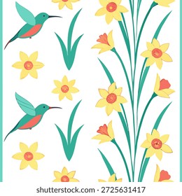 Fantasmas vibrantes da Páscoa e beija-flores padrão de azulejos sem costura com conceito de energia de primavera animada como A energia de primavera viva com narcisos e beija-flores vibrantes da Páscoa criam padrão de azulejos sem costura no Conceito de Stock de Fotos e espaço vazio no lado esquerdo, sem texto —ar 7:2 —tile