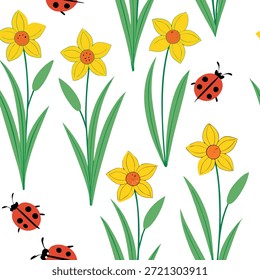 Vibrant Easter daffodils and ladybugs seamless tile pattern with lively spring colors concept as Lively spring colors highlight vibrant Easter daffodils and ladybugs in seamless tile pattern in Photo Stock Concept and empty space on the left side,no text --ar 7:2 --tile