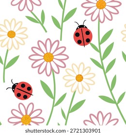 Lebendige Ostergänseblümchen und Marienkäfer nahtloses Fliesenmuster mit spielerischen Federelementen Konzept als Spielerische Federelemente wie lebendige Ostergänseblümchen und Marienkäfer schaffen nahtloses Fliesenmuster in Foto Stock Concept und leerem Raum auf der linken Seite, kein Text —ar 7:2 —tile