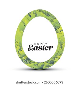 A vibrant Easter egg design with a yellow and green abstract pattern on a white background. The text 'Happy Easter' is prominently displayed in the center of the egg shape.