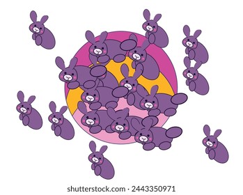 Vibrant Easter egg hunt scene, blooming spring flowers, cute bunnies with colorful bows, children in pastel outfits, decorated Easter baskets, sunny day setting, whimsical patterns on eggs, garments